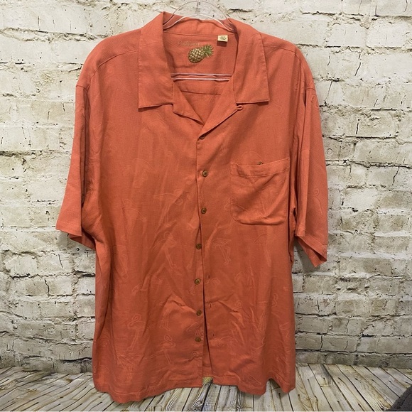 Caribbean Orange Silk Cotton Flamingo Embroidered Button Up - Picture 1 of 5